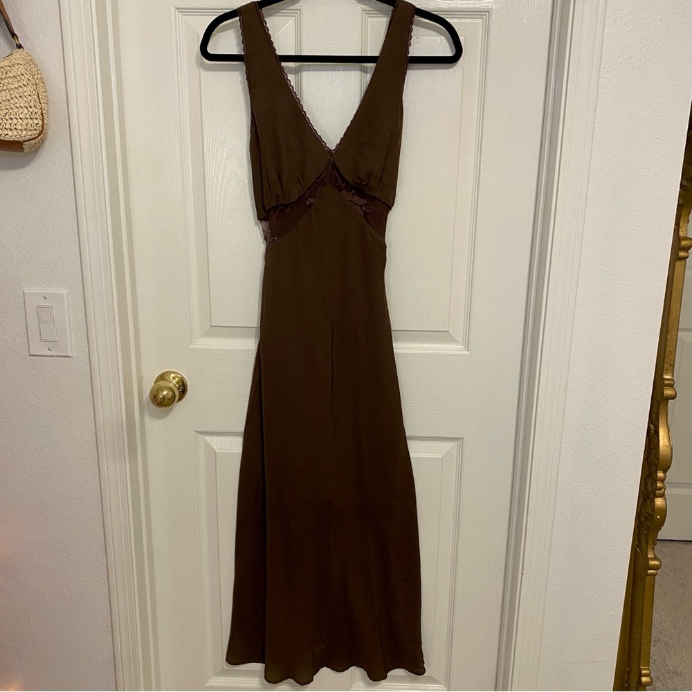 Midi Brown Lace Cutout Tie Dress🤎